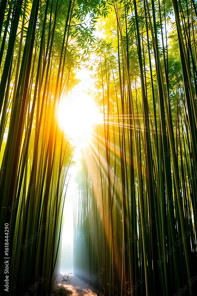 Poster sunlight streams through a dense bamboo forest, creating a bright, ethereal pathway.
