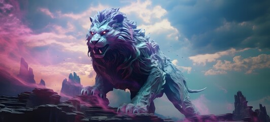 A haunted gothic sphinx demon perched on a wind-swept hill art, generative ai