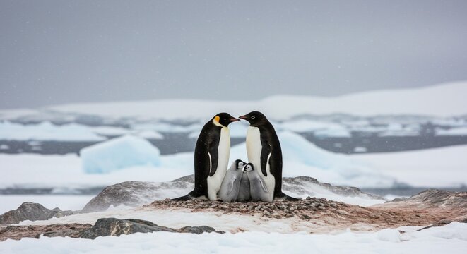 Emperor penguin couple caring for their fluffy chick on the ice, a portrait of family bonding in Antarctica.