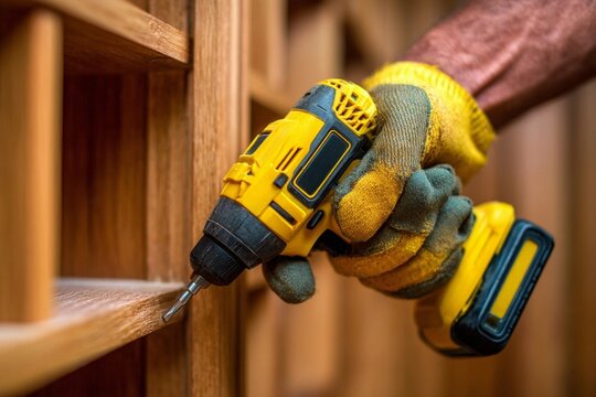 Craftsman using a cordless drill to assemble wooden shelves in a workshop