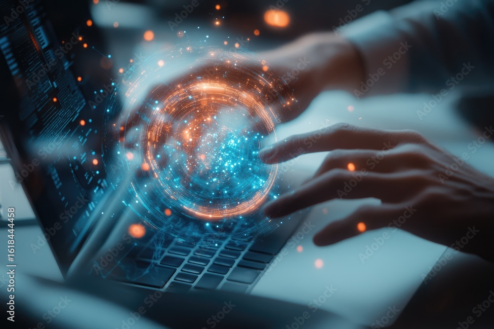 Poster hands interacting with a glowing digital sphere on a laptop, symbolizing technological innovation an
