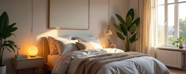Serene bedroom interior with soft lighting, plush bedding, and calming decor Perfect for relaxation and peaceful sleep , sheets, peaceful