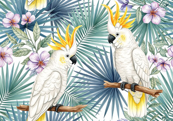 Watercolor painting of two white cockatoo parrots perched on branches with tropical palm leaves and flowers