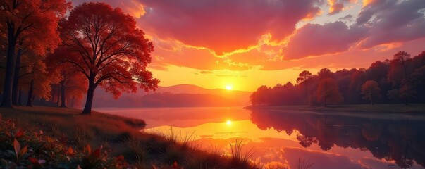 Serene autumn sunrise paints the sky with vibrant hues of orange, pink, and gold, casting a warm glow over a tranquil landscape, perfect for Thanksgiving reflections  ,  fall,  sunrise