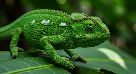 A detailed close-up of a vibrant green chameleon resting on a large tropical leaf in its natural habitat.