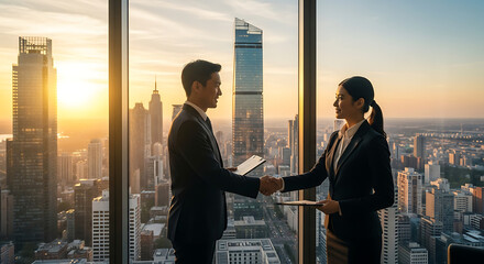 Two business professionals shaking hands in a modern high-rise office overlooking a city skyline at sunset.