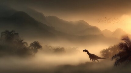 Naklejka premium Dinosaur explores misty landscape at dawn with mountains and trees in silhouette