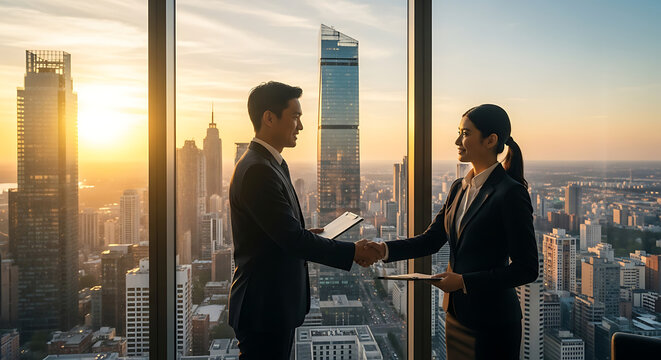Two business professionals shaking hands in a modern high-rise office overlooking a city skyline at sunset.