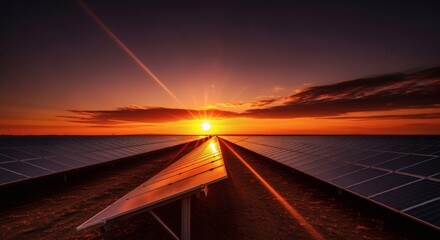 Obraz premium A vast solar farm stretches towards a vibrant sunset, with the sun's rays illuminating the panels and sky.