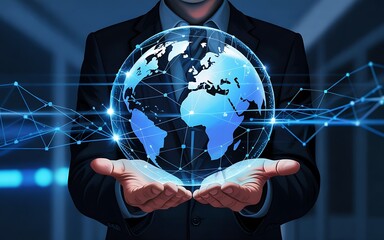 "Holding Glowing Digital Globe World with Network Connections in Open Hands ,Futuristic Global Connectivity Concept ,Digital Earth Hologram with Network Lines,"