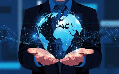 "Holding Glowing Digital Globe World with Network Connections in Open Hands ,Futuristic Global Connectivity Concept ,Digital Earth Hologram with Network Lines,"