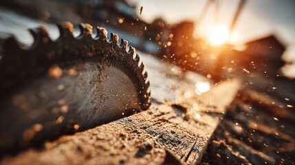 Circular saw cutting through wood at sunset in a construction site