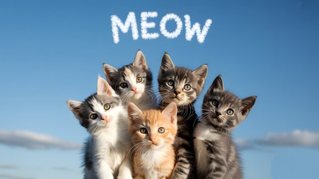 Group of adorable kittens with the word meow written above them