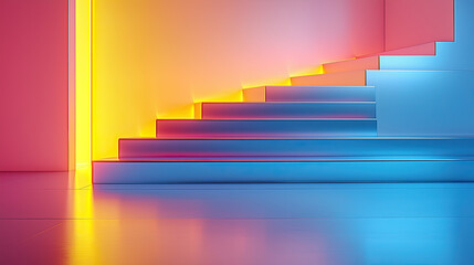 Abstract colorful illuminated staircase design with modern gradient lighting and geometric architecture