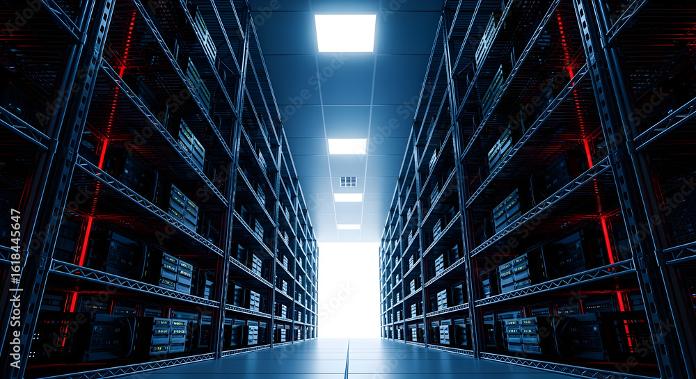 Poster blue server racks in a long data center corridor with bright rectangular lights for scalable cloud n