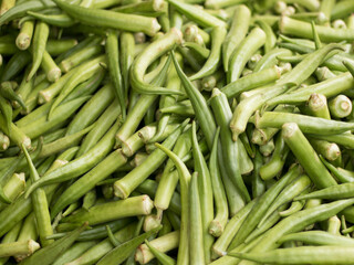 Green okra pods piled together