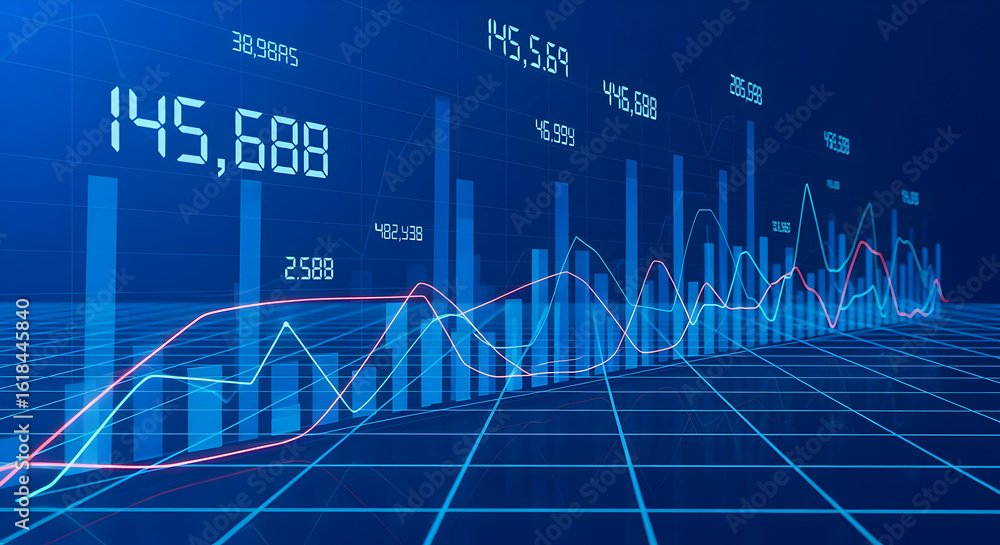 Poster blue stock market data display with rising bar graphs numbers and line graphs on dark background