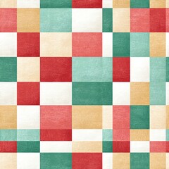 vintage checkerboard pattern with alternating squares in faded red, seafoam green, and cream, subtle grainy texture