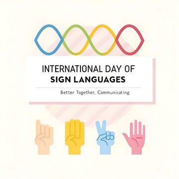 International day of sign languages with colorful hand gestures and dna helix graphic