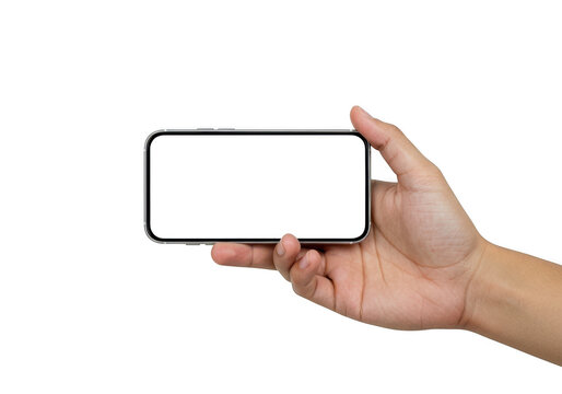 Human hand holding a modern smartphone horizontally with a blank screen isolated on transparent background