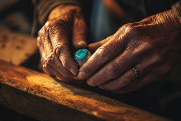 Close-up of aged hands carefully holding a turquoise ring, showcasing craftsmanship and time.