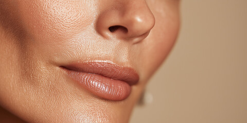 Close-up of smooth lips and glowing skin with natural texture and nude makeup.