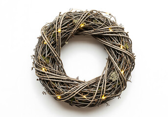 Rustic grapevine wreath with warm white fairy lights on white background
