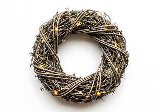 Rustic grapevine wreath with warm white fairy lights on white background