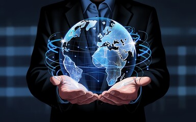 "Holding Glowing Digital Globe World with Network Connections in Open Hands ,Futuristic Global Connectivity Concept ,Digital Earth Hologram with Network Lines,"