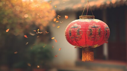 Red lantern with gold patterns glowing in a traditional courtyard, celebrating China National Day.