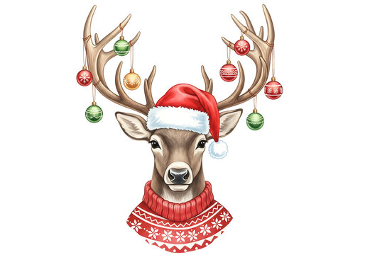 Christmas reindeer wearing a santa hat and red sweater adorned with ornaments - Powered by Adobe
