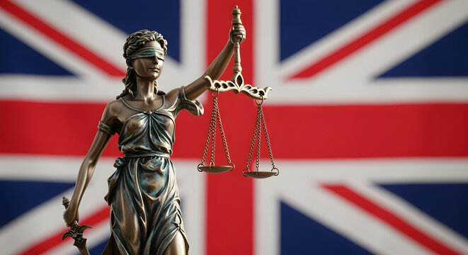 Bronze Statue of Justice Holding a Scale in Front of the National Flag of England Representing Fairness and Legal