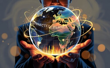 "Holding Glowing Digital Globe World with Network Connections in Open Hands ,Futuristic Global Connectivity Concept ,Digital Earth Hologram with Network Lines,"