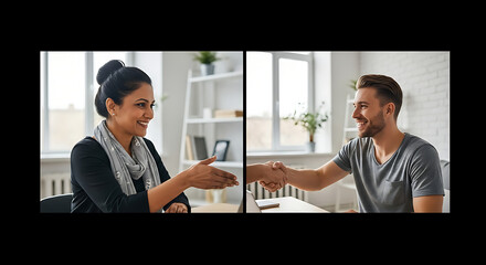 A man and woman smile while shaking hands in a split-screen view, representing a remote business agreement.