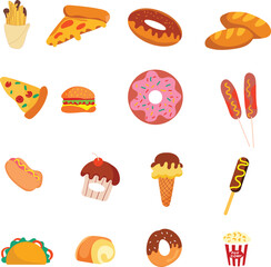 Colorful Fast Food and Junk Food Icons Collection Vector Illustration Set