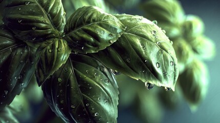 Close-up of fresh basil leaves with water droplets