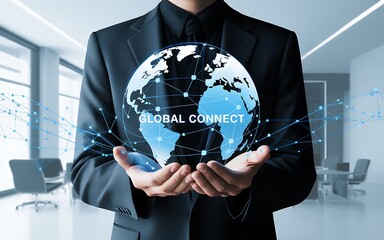 "Holding Glowing Digital Globe World with Network Connections in Open Hands ,Futuristic Global Connectivity Concept ,Digital Earth Hologram with Network Lines,"