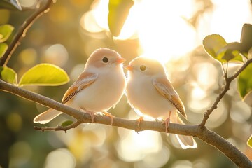 Two pale birds perched on a branch, bathed in golden sunlight, symbolizing love and nature's beauty.