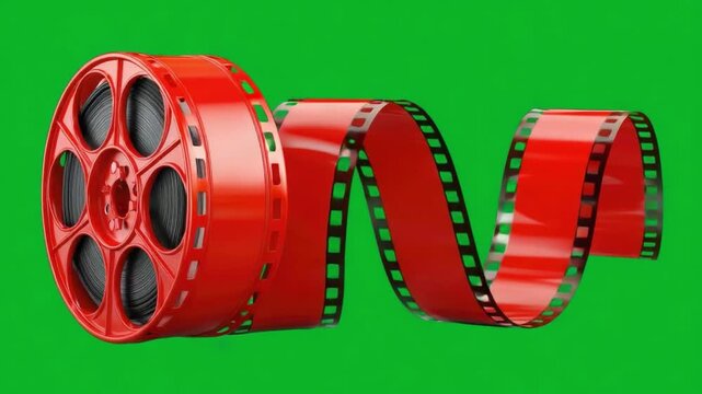 Film Reel and Strip: A vibrant red film reel unwinds its strip against a vivid green background, evoking the cinematic experience of motion pictures and the magic of filmmaking.
