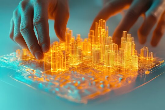 Hands interacting with a glowing digital 3D model of a city, showcasing futuristic urban planning and technology. - Powered by Adobe