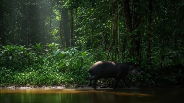 Tapir in Amazon Rainforest Stream Wildlife Conservation Biodiversity Jungle Ecosystem Adventure Natu