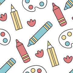 Cartoon crayons, pencils, and paint palettes, flat school-themed kawaii pattern for children’s items