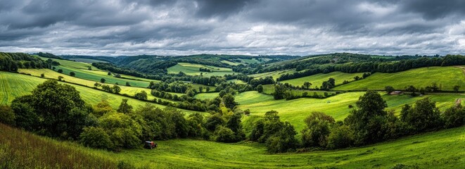 Panoramic view of rolling hills and fields