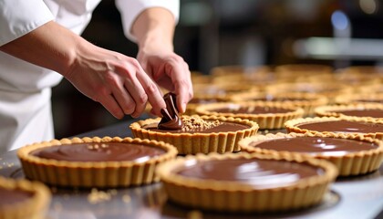 Pastry Chef Decorating Chocolate Tart with Hazelnuts