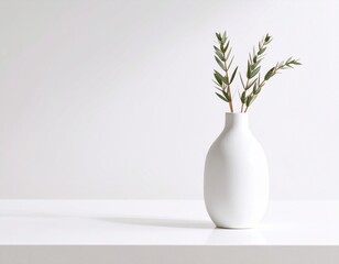 Mockup de un jarrón blanco sobre fondo neutro, iluminación suave, estilo minimalista, espacio en blanco para diseño personalizado