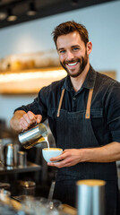 Happy Barista Creating Latte Art in Trendy Coffee Bar