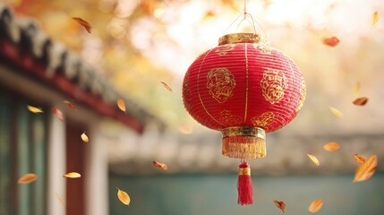 Red lantern with gold patterns glowing in a traditional courtyard, celebrating China National Day.