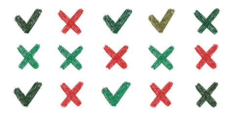 Set of hand-drawn check marks and crosses with a rough, scribbled texture. Green and red symbols for yes and no.