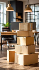 Stacked Cardboard Boxes in Bright Modern Courier Warehouse