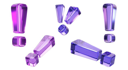 Rendered purple glass exclamation marks floating on white representing warnings alerts emphasis and notices for design elements